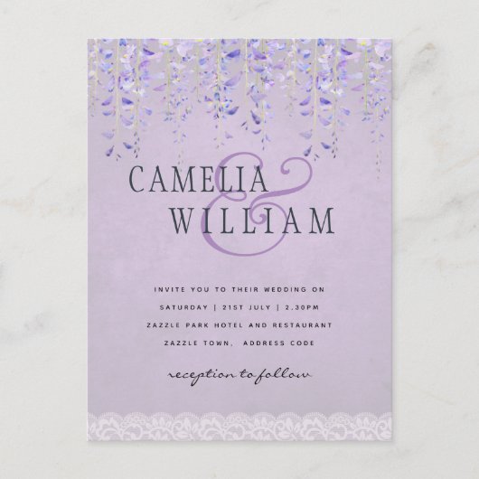 バジェットウィステリアパープルフローラレース結婚式の招待 ポストカード (正面)
