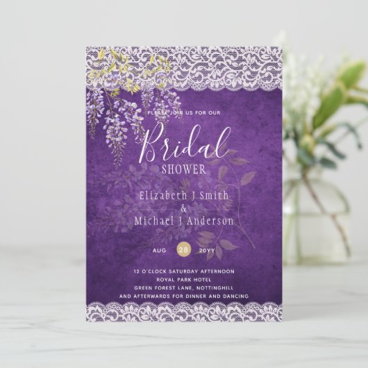 バジェットウィステリアフローラレースブライダルシャワー招待状 招待状 (スタンド正面)
