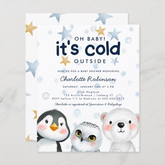 バジェットウィンターアークティックアニマルベビーシャワー招待状 (正面/裏面)