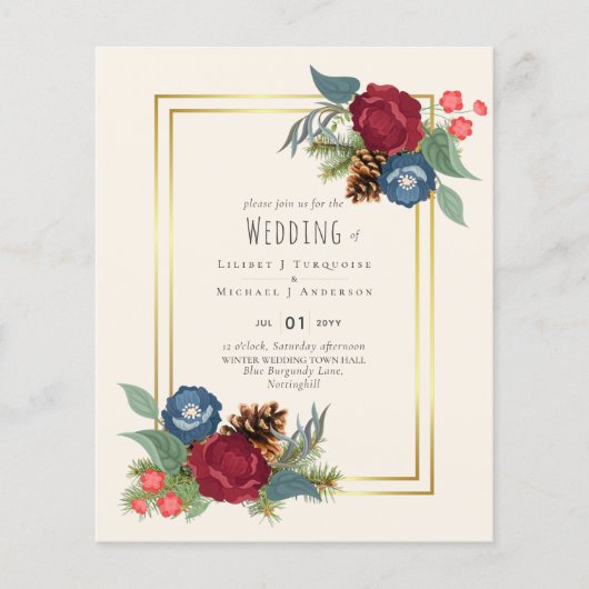 バジェットウィンターウェディングブルゴーニュティール（緑がかった色）ブルーモダン チラシ (正面)