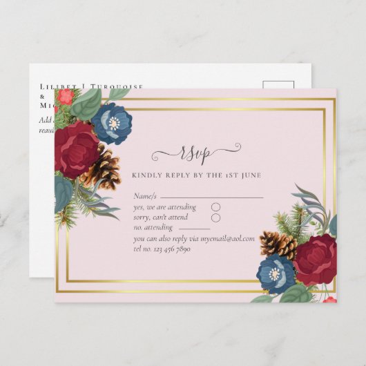 バジェットウィンターウェディングブルゴーニュティール（緑がかった色）ブルーモダン ポストカード (正面/裏面)