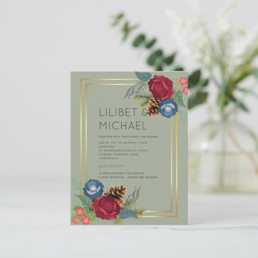 バジェットウィンターウェディングブルゴーニュティール(緑がかった色)ブルーモダン ポストカード (スタンド正面)