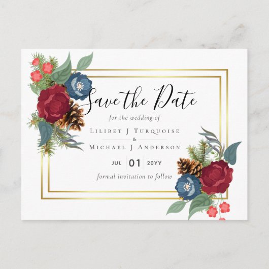 バジェットウィンターウェディングブルゴーニュティール(緑がかった色)ブルーモダン ポストカード (正面)