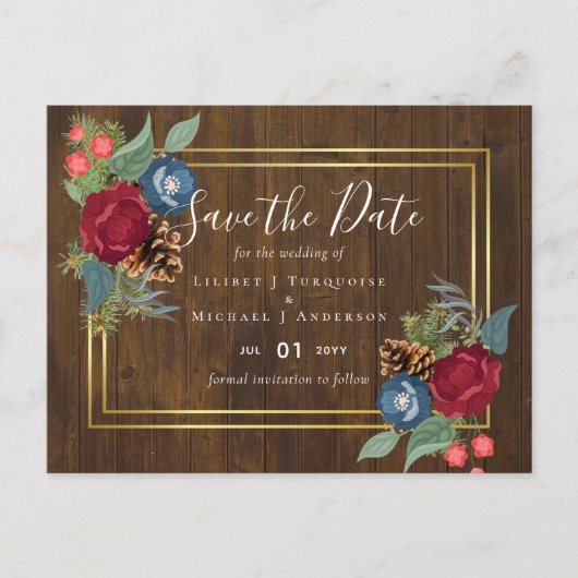 バジェットウィンターウェディングブルゴーニュティール(緑がかった色)ブルーモダン ポストカード (正面)