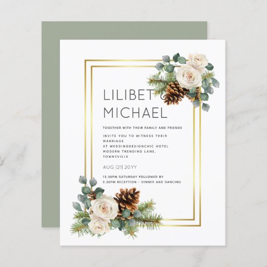 バジェットウィンターウェディングホワイトローズ金ゴールドほこりっぽいブルー (正面/裏面)