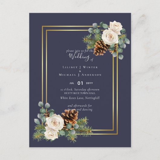 バジェットウィンターウェディングホワイトローズ金ゴールドほこりっぽいブルー ポストカード (正面)