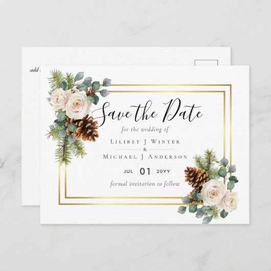 バジェットウィンターウェディングホワイトローズ金ゴールドほこりっぽいブルー ポストカード (正面/裏面)