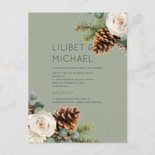 バジェットウィンターウェディングユーカリ緑のバラ ポストカード (正面)