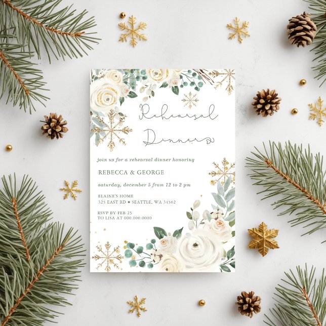 バジェットウィンタースノーフレークリハーサルディナー (Christmas Winter Snowflake Rehearsal Dinner Invitation)