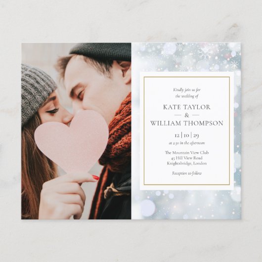 バジェットウィンタースノーフレーク写真結婚式招待状 (正面)