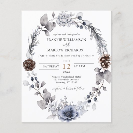 バジェットウィンターパインコーンフローラ結婚式招待状 (正面)