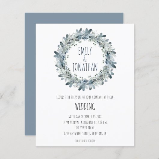 バジェットウィンターフローラティール（緑がかった色）リースウェディング招待 (正面/裏面)