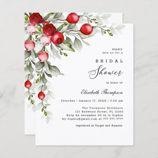 バジェットウィンターホリーベリーブライダルシャワーフライヤー (正面/裏面)