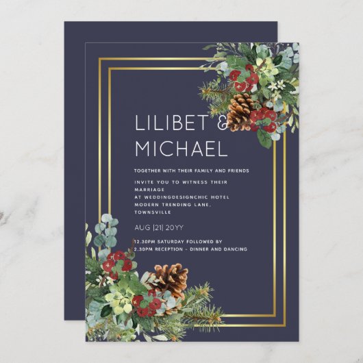 バジェットウィンターレッドベリーパインコーン結婚ズ 招待状 (正面/裏面)