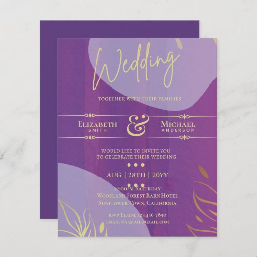 バジェットウェディングア招待ラベンダーパープル金ゴールド (正面/裏面)