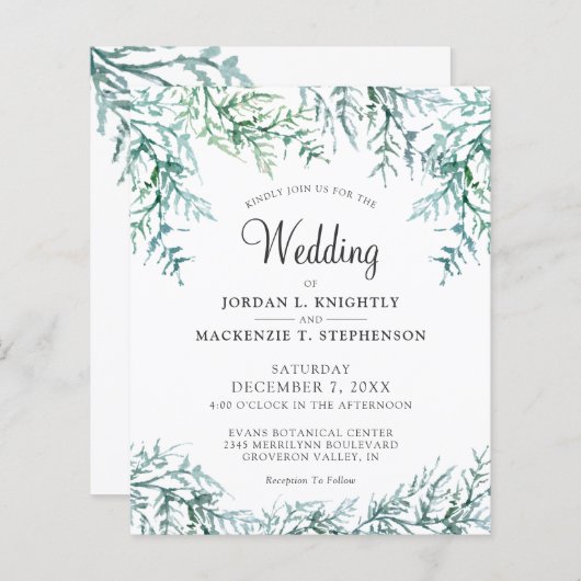 バジェットウォーターカラーウィンターパイン結婚式招待状 (正面/裏面)