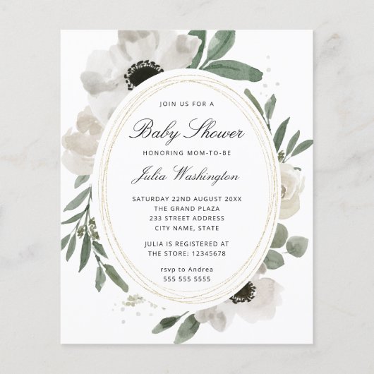 バジェットウォーターカラーグリーンリーベビーシャワー招待状 (正面)