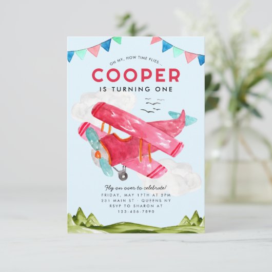 バジェットウォーターカラースカイレッドキッズフライト誕生日 ノートカード (スタンド正面)