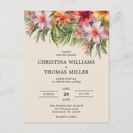 バジェットウォーターカラートロピカル結婚式招待状 ポストカード (正面)