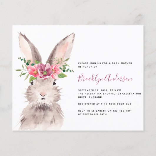 バジェットウォーターカラーバニーベビーシャワー招待状 (正面)