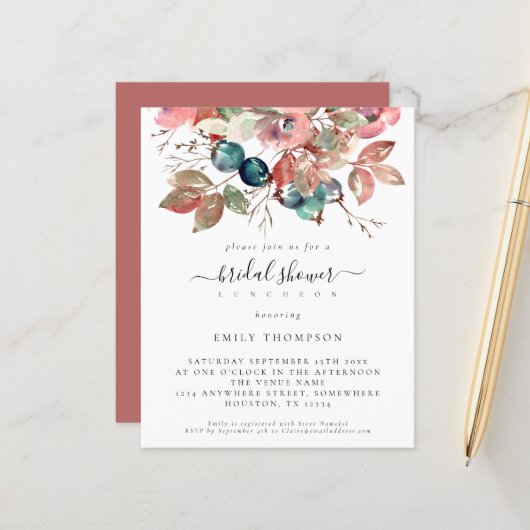 バジェットウォーターカラーピンクフローラブライダルシャワー招待状 (正面/裏面インサイチュ)