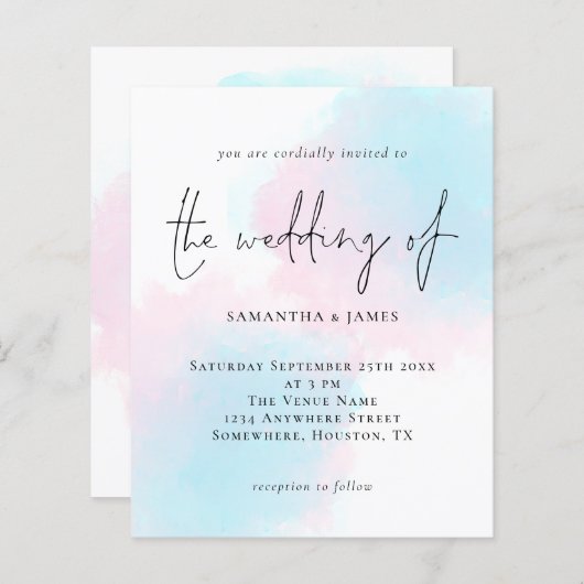 バジェットウォーターカラーピンクブルー結婚式招待状 (正面/裏面)