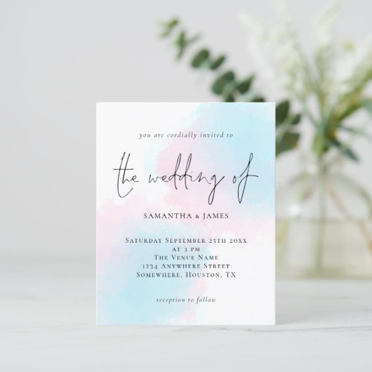 バジェットウォーターカラーピンクブルー結婚式招待状 (スタンド正面)