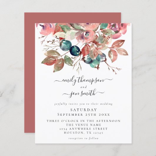 バジェットウォーターカラーピンク花模様結婚式招待状 (正面/裏面)