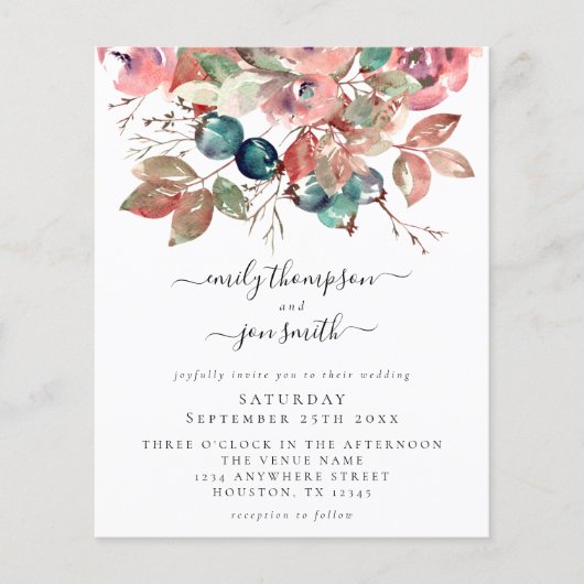 バジェットウォーターカラーピンク花模様結婚式招待状 (正面)