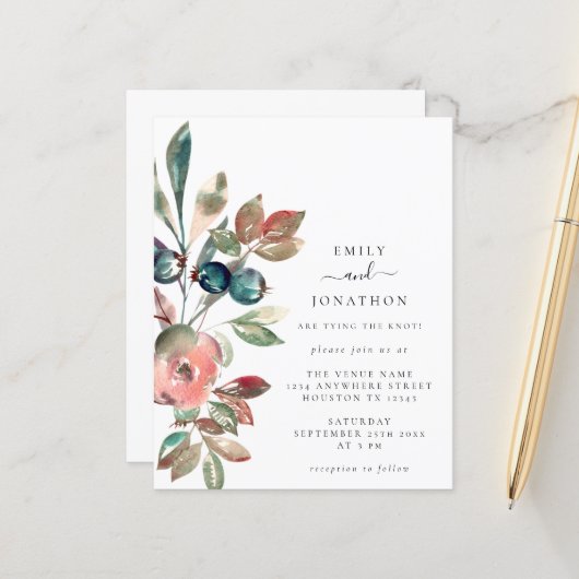 バジェットウォーターカラーピンク花模様結婚式招待状 (正面/裏面インサイチュ)