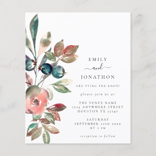 バジェットウォーターカラーピンク花模様結婚式招待状 (正面)