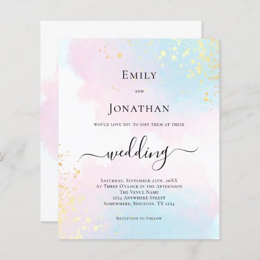 バジェットウォーターカラーブルーピンク結婚式招待状 (正面/裏面)