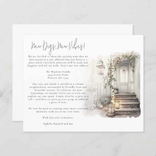 バジェットウォーターカラーホームイラストレーション新しい住所 (正面/裏面)