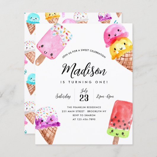 バジェットウォーターカラーポプシクルコーンアイスクリーム誕生日 (正面/裏面)