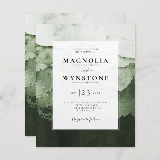 バジェットウォーターカラーマウンテンズ結婚式招待状 (正面/裏面)