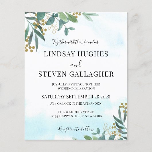 バジェットウォーターカラーユーカリ結婚式招待状 (正面)