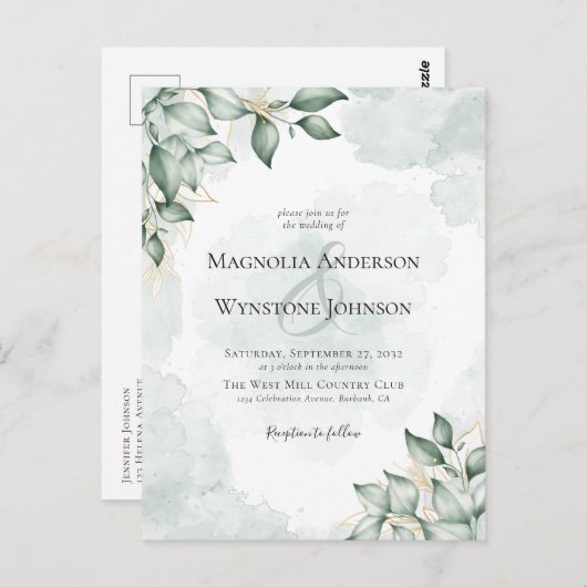 バジェットウォーターカラーユーカリ結婚式招待状 ポストカード (正面/裏面)