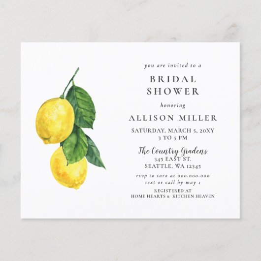 バジェットウォーターカラーレモンブライダルシャワー招待 (正面)