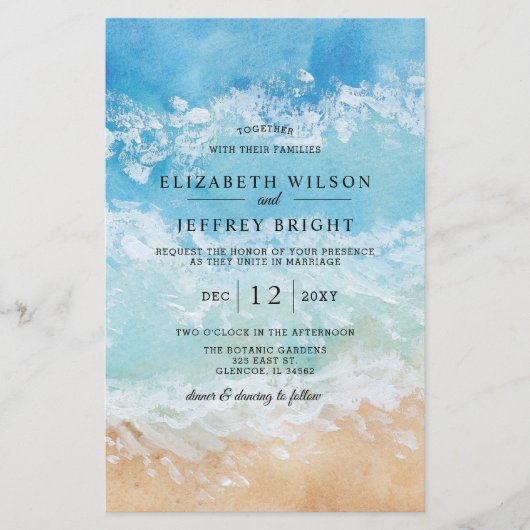 バジェットウォーター色ビーチ結婚式招待状 (正面)
