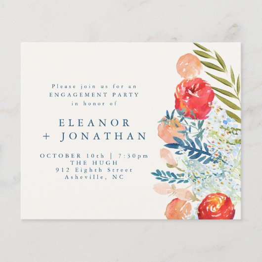 バジェットウォーター色フローラ婚約パーティ招待状 (正面)