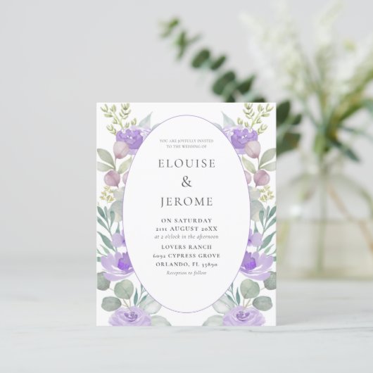 バジェットウォーター色フローラ紫結婚式招待状 (スタンド正面)