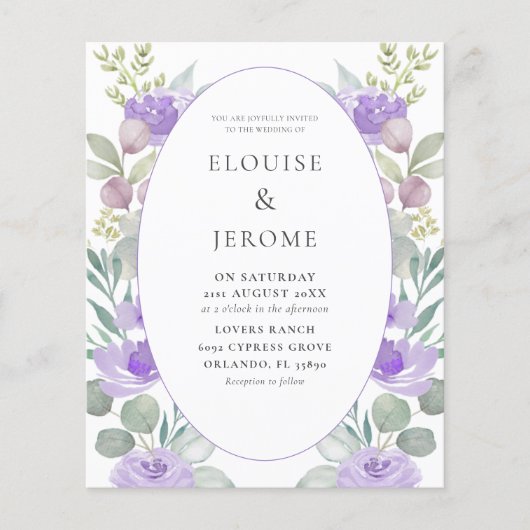 バジェットウォーター色フローラ紫結婚式招待状 (正面)