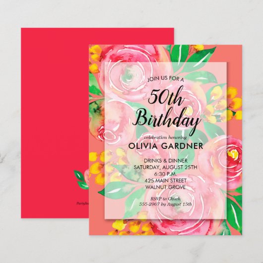 バジェットウォーター色フローラ誕生日招待状 (正面/裏面)