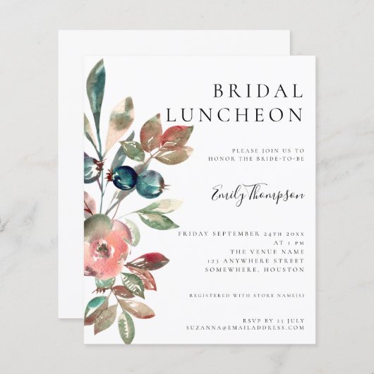 バジェットウォーター色花模様ブライダルルンチョン招待状 (正面/裏面)