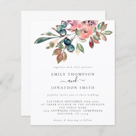 バジェットウォーター色花模様結婚式招待状 (正面/裏面)