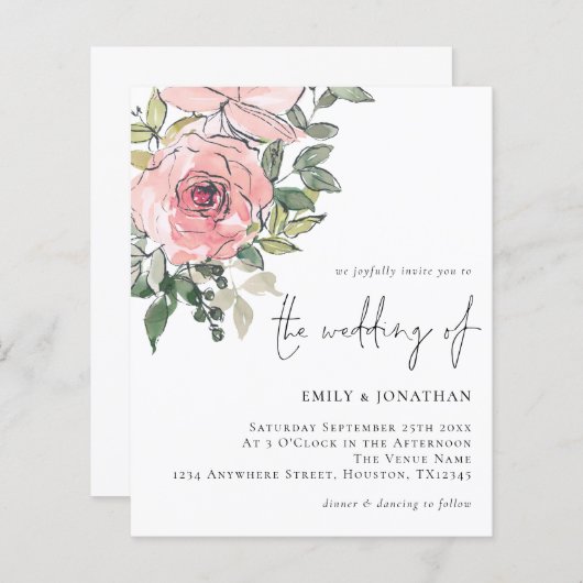 バジェットウォーター色赤面花模様結婚式招待状 (正面/裏面)