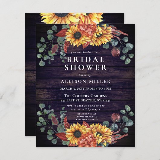 バジェットウッドサンフラワーズブライダルシャワー招待 (正面/裏面)