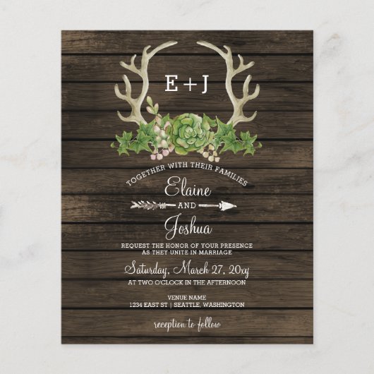 バジェットウッドジューシー〔雄ジカの〕枝角結婚式招待状 (正面)