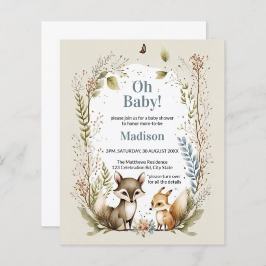 バジェットウッドランドアニマルズボーイベビーシャワー招待状 (正面/裏面)