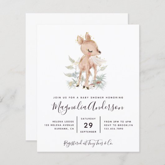 バジェットウッドランドディアベビーシャワー招待状 (正面/裏面)
